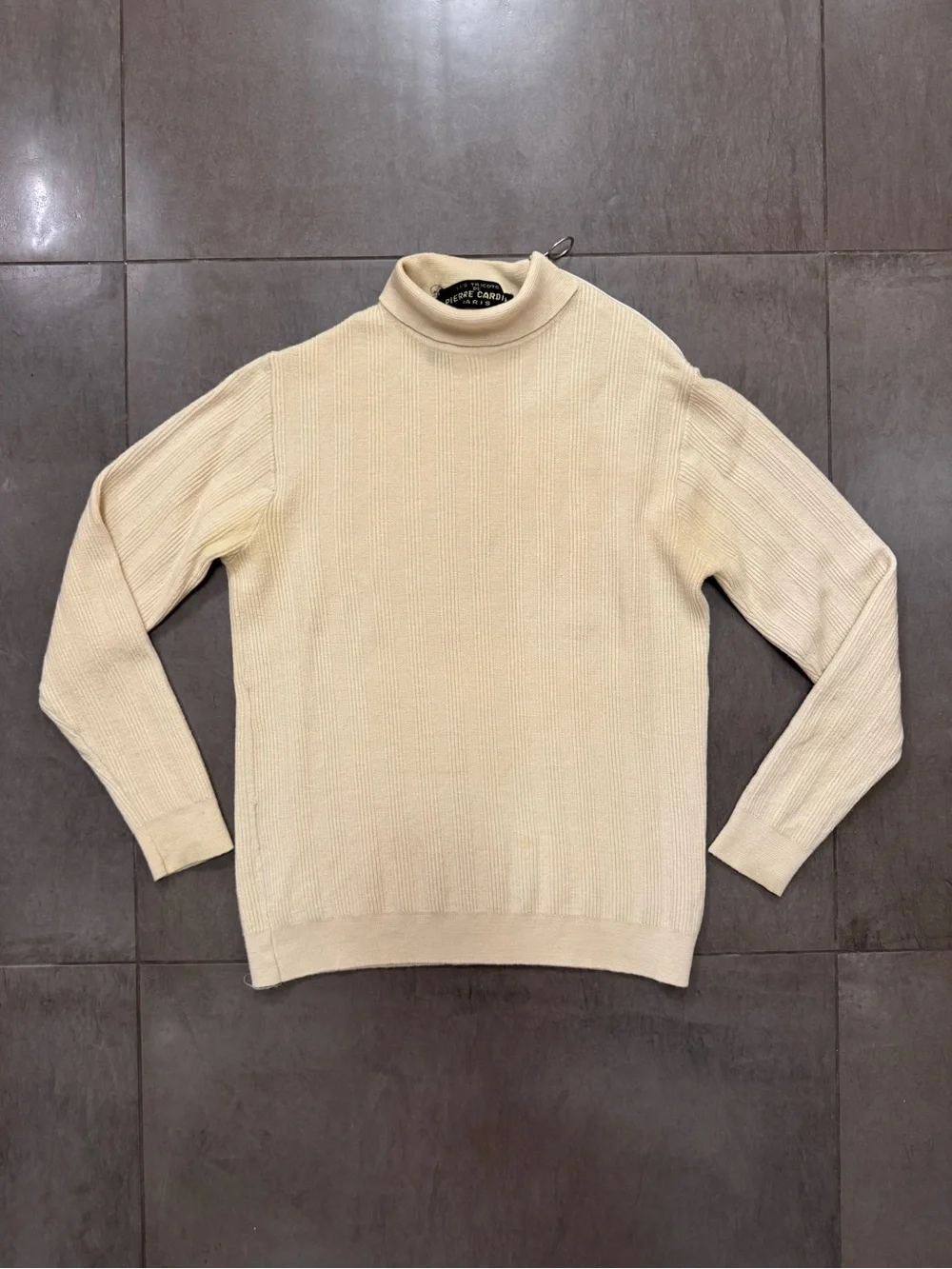 Vintage Pierre Cardin Beige Mock Neck Wool Ribbed Sweater, Men’s Medium